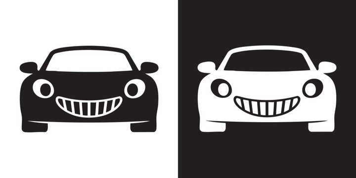 Minimalist Black and White Front View Cartoon Car Silhouette Icon - Cute Modern Automobile Transport Symbol, Simple Comic Vehicle Headlight Graphic, and Toy Automotive Drive Vector