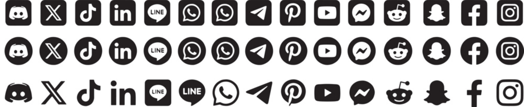 Comprehensive Black and White Social Media Icon Vector Set Featuring Facebook, Instagram, TikTok, X, YouTube, and WhatsApp in Circle and Square Styles for Web Design
