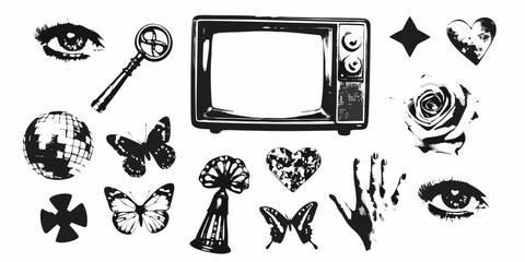 Black and white collage featuring a television butterflies eyes and floral elements monochrome illustration © Bebdas