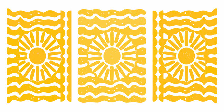 Three Vertical Panels Featuring Abstract Sunbursts And Wavy Lines A Vector Illustration art sunburst