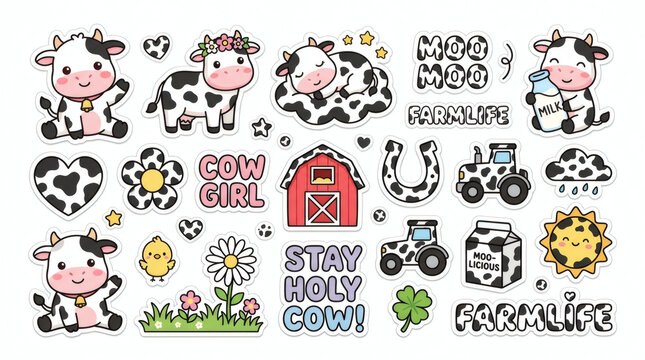 Cute Farm Animal Sticker Set With Cows And Barnyard Elements