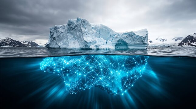 Digital iceberg concept representing hidden data complexity and massive information networks floating in the cold arctic ocean beneath the dark water surface