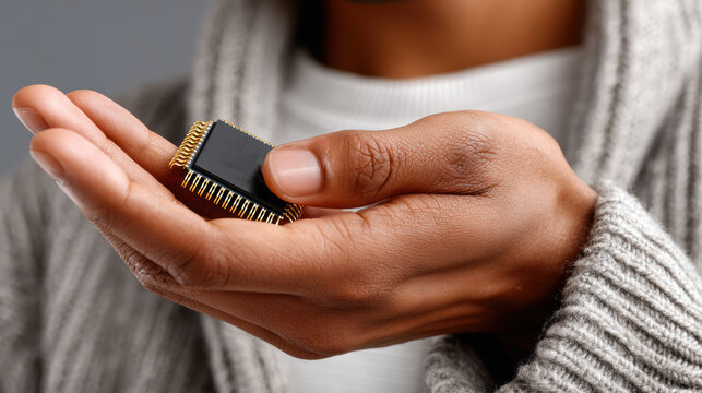 Small integrated circuit held between hands for b2b marketing banner showing chip electronics innovation macro for technology design