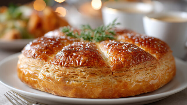 Whole golden galette des rois pastry with thyme garnish on plate for epiphany dessert centerpiece and bakery menu background