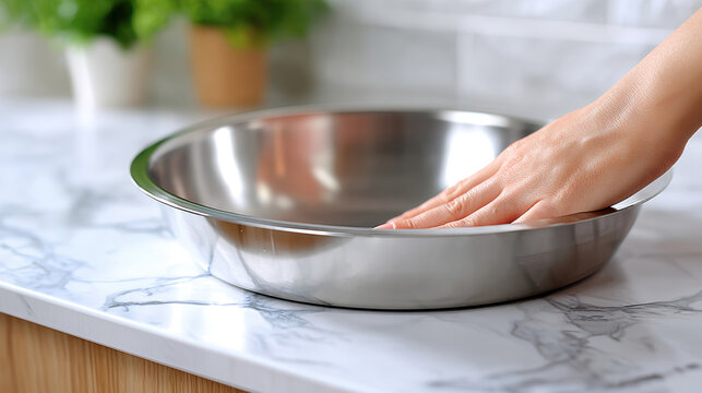 Female installer fitting a stainless steel sink basin on a marble kitchen countertop for renovation and installation project imagery