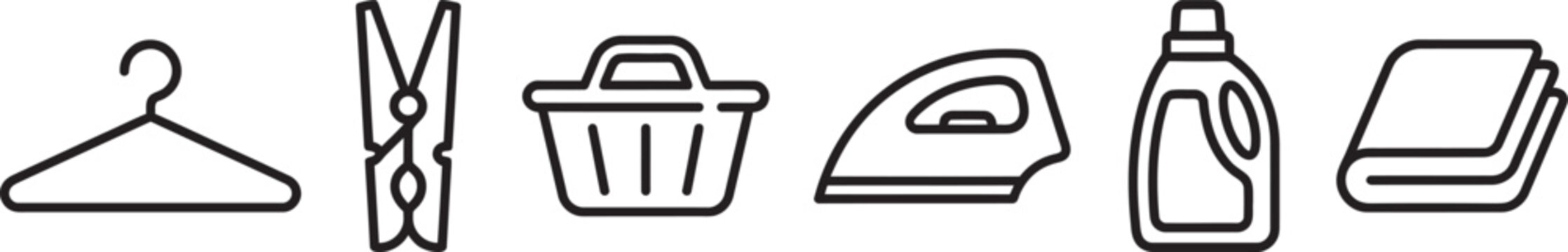 Laundry and garment care set featuring a clothes hanger, wooden clothespin, laundry basket, steam iron, detergent bottle, and folded towel