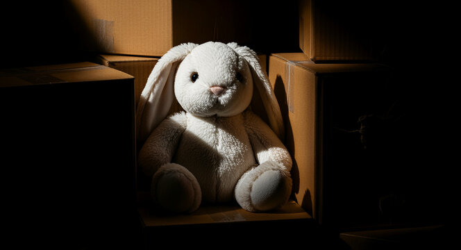 White plush bunny rabbit sitting in a shaft of light among cardboard boxes. Dramatic high-contrast lighting highlights the soft toy in a dark attic. Relocation or childhood nostalgia concept.