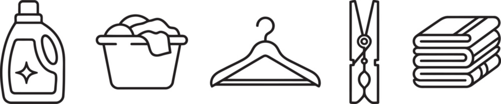 Laundry care and cleaning set featuring a bottle of detergent, a basket of clothes, a clothes hanger, a clothespin, and a stack of towels