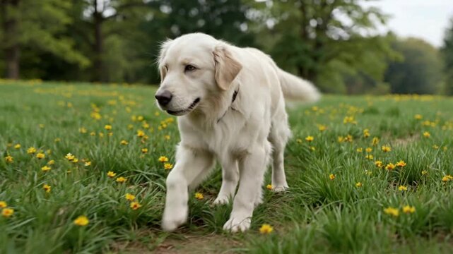 White dog walking in green meadow with small yellow wildflowers
