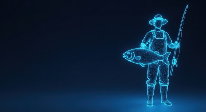 Digital Fisherman Holding a Large Fish Outline in Neon Blue