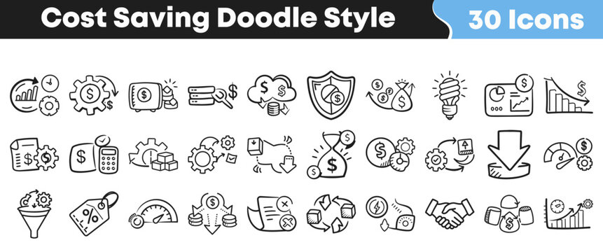 Set of thirty hand drawn cost saving business finance icons