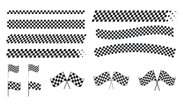 Race flag lines set and flag. Black and white checker finish ribbon. rally banner and speed pattern. checkered start finish competition 