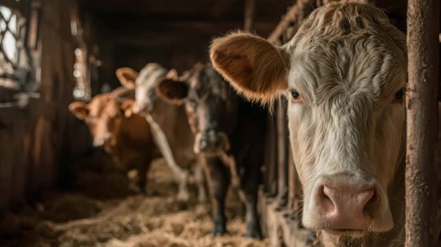 Group of cows eating hay inside barn