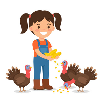 Girl feeding turkeys Cartoon Vector