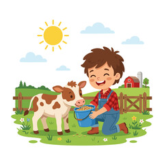 Fototapeta premium Boy feeding a calf on a farm