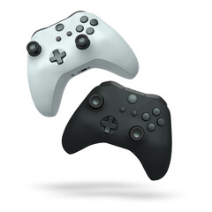 Wireless gaming controllers flying in air isolated on white background, symbolizing gaming technology concept © Vasyl Onyskiv