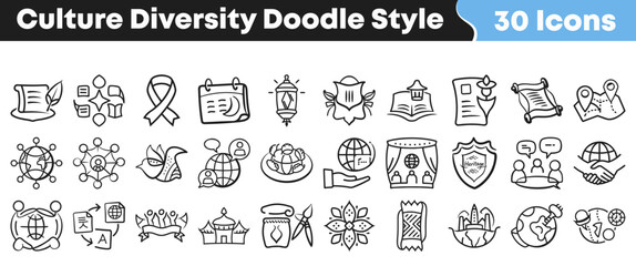 Hand drawn doodle style icons depicting diverse global cultural themes © Vectoravec