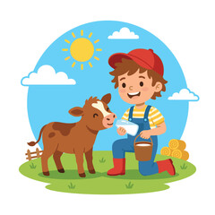 Fototapeta premium Little boy feeding a calf on a farm