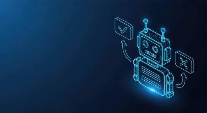 Glowing blue robot icon symbolizing artificial intelligence and automation in technology
