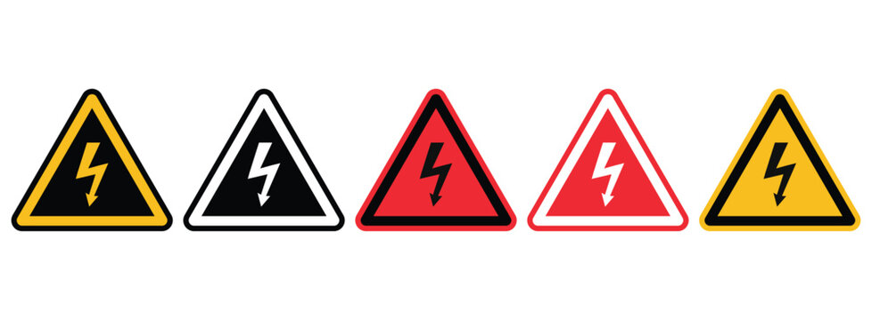 high voltage warning triangle icons set. lightning bolt symbols. hazard and workplace safety design. Danger high voltage sign. electrical risk alert industrial protection 