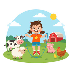Naklejka premium Happy girl jumping rope with farm animals
