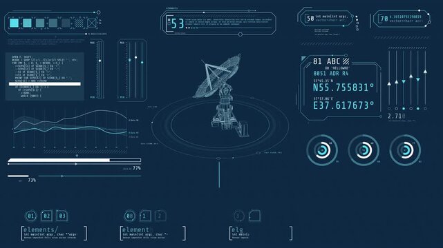 Animated display with infographic elements and parabolic dish antenna