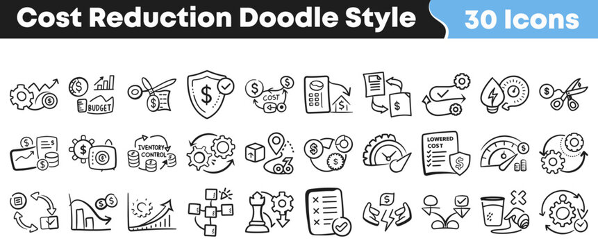 Hand drawn collection of business icons for effective cost reduction
