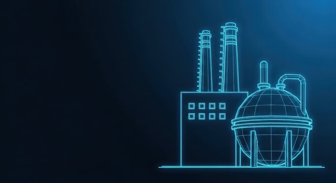 Neon blue industrial factory building with smokestacks and spherical structure
