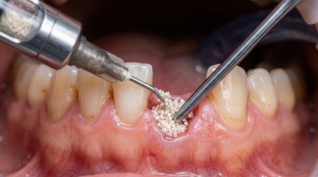 Air abrasion treatment cleaning a tooth with powder spray and suction.