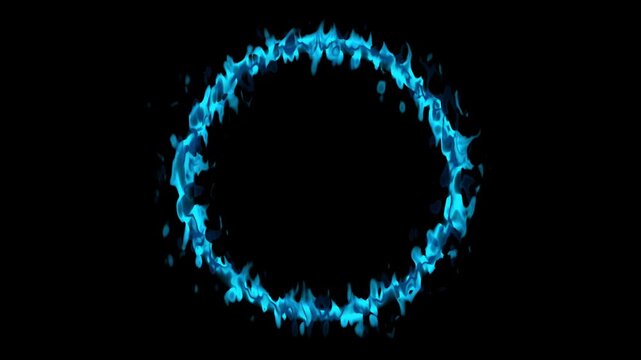 A circle of blue fire ring burning continuously against a black background.