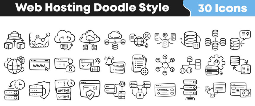 Collection of thirty hand drawn web hosting and server icons