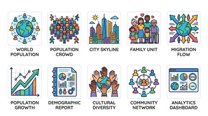 Fototapeta premium A diverse community network illustration shows people from various cultural backgrounds interacting with analytics and demographic reports in a city.