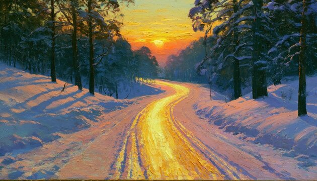 Sunlit winter road winding through snow-laden trees, golden hour light