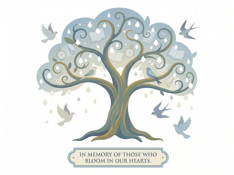 Illustrated tree with flying birds and Hebrew blessing text in watercolor style