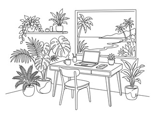 Obraz premium Cozy Home Office with Lush Plants and Tropical Beach View Line Art