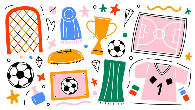 Retro cartoon soccer sticker set with sports equipment