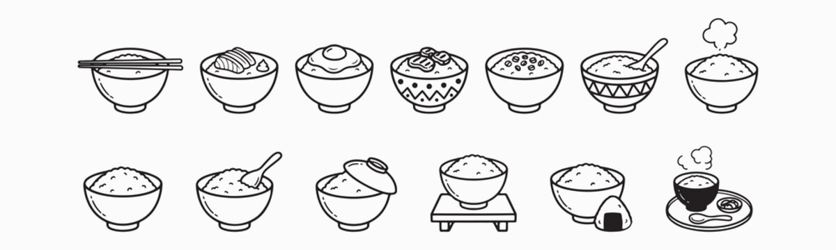 Asian Rice Bowl and Donburi Outline Vector Icon Set Featuring Chopsticks and Onigiri Elements