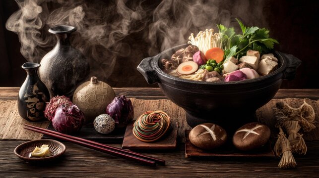 Delicious Traditional Japanese Nabe Hot Pot with Fresh Vegetables, Tofu, Mushrooms, and Flavorful Broth in a Rustic Setting