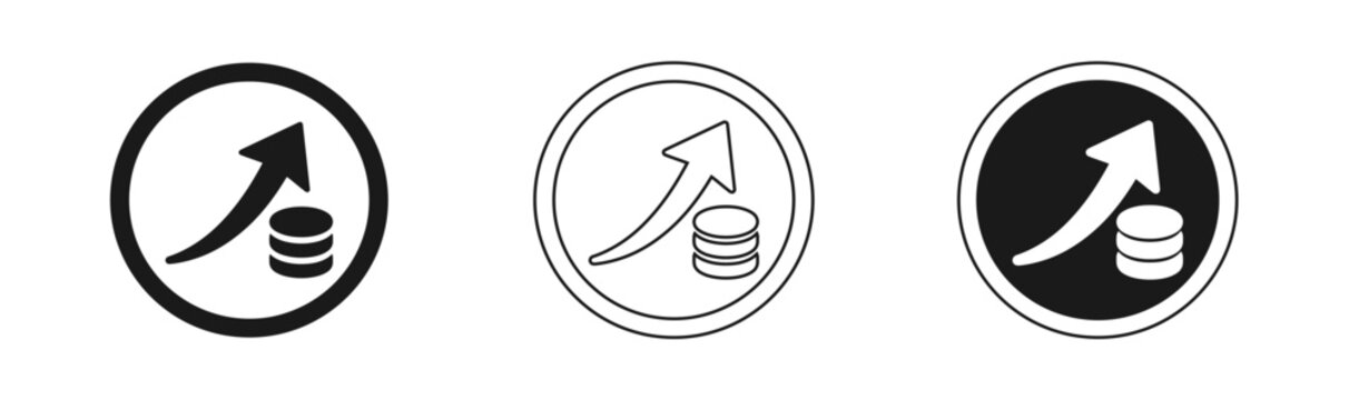Three distinct icons depicting growing finance and profit concepts with arrows and coins