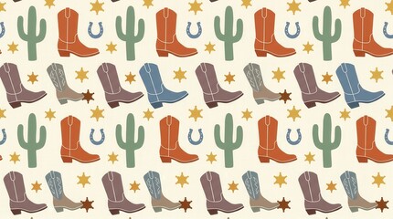 Fototapeta premium Seamless pattern features brown blue and gray cowboy boots, green cacti, and yellow stars on cream