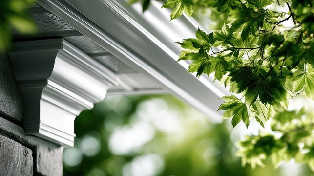 Architectural roof eave detail with decorative corbel and maple tree foliage