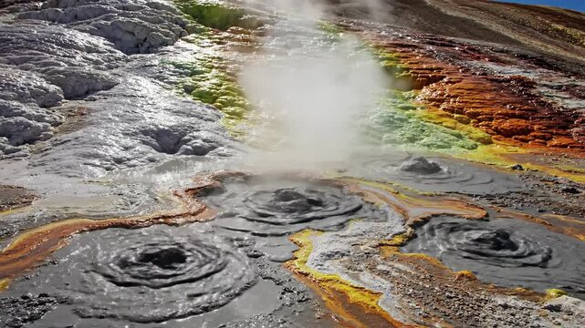 Bubbling geothermal mudpots with colorful mineral deposits, showcasing nature's raw energy and vibrant geological formations.