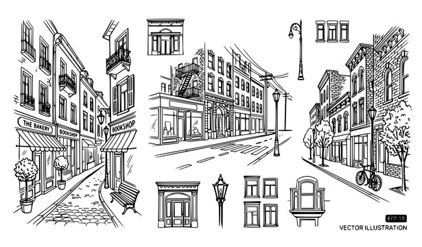City street sketch vector illustration set