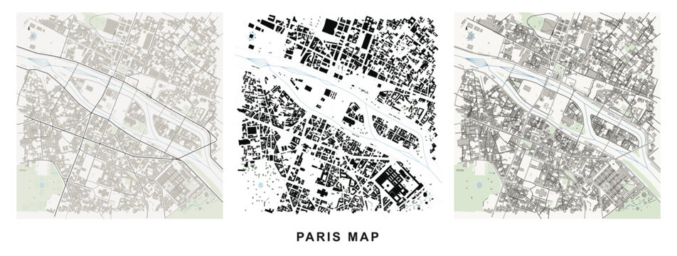 Paris city map with building footprints, street network and urban layout
