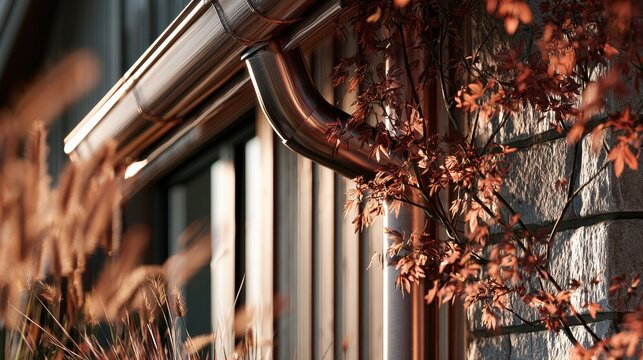 Modern copper rain gutter and downspout on a house exterior