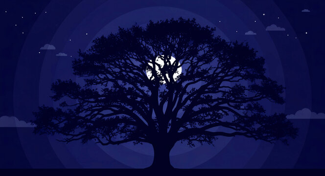 Silhouette of a large oak tree against a dark night sky. Full moon glows through branches with stars and clouds. Serene nature illustration, perfect for banners and background designs.