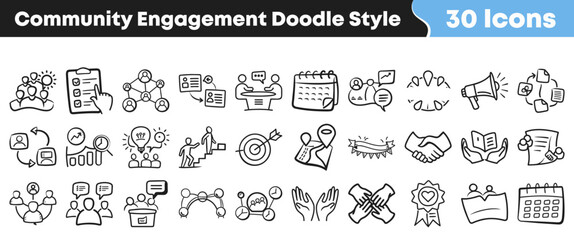 Collection of hand drawn community engagement icons in doodle style © Vectoravec