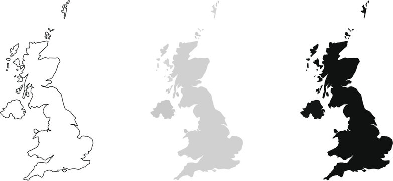 Set of united kingdom maps, outline, grey silhouette and black silhouette