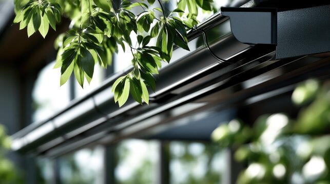 Modern black roof gutter system on a residential house