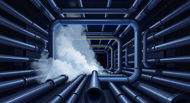 Industrial pipes leaking steam in a dark corridor. Blue metal piping system arranged in a tunnel perspective. Infrastructure failure concept for industrial safety and repair services.